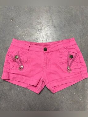 Y2K Pink Low Rise Short Shorts with peace sign zipper details